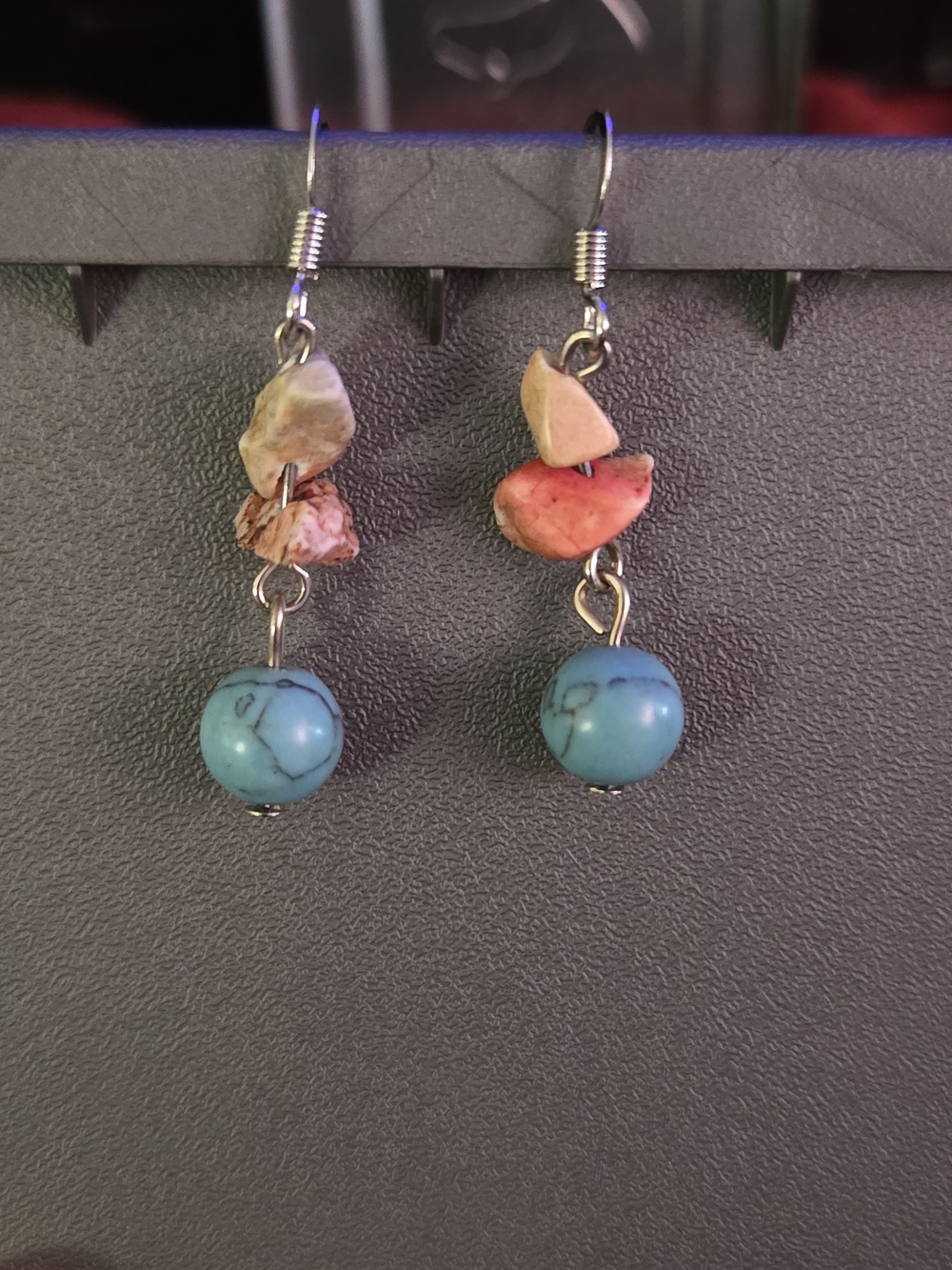 Handmade Turquoise Blue Bead & Natural Stone Drop Earrings